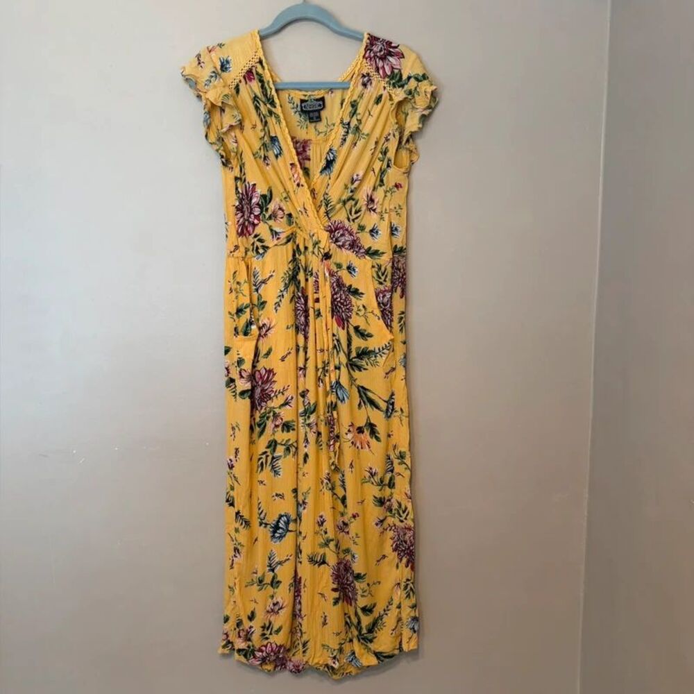 ANGIE Yellow Floral Boho Jumpsuit with Crochet Trim (Large)